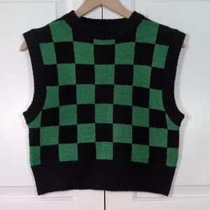 Forever 21 Green and Black Checkered Sweater Vest | Y2K Crop Knit Top Ska Indie